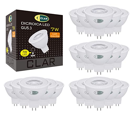 CLAR - GU 5.3 LED, GU 5.3 LED Warmweiß, GU5.3 LED, MR16 LED 12V, LED GU 5.3, LED Halogen Ersatz, 12V LED, LED Spot 12V, LED GU5.3 Warmweiß, LED 12V GU5.3, 12V LED Lampe, 7W 3000ºK (Pack 20) von CLAR