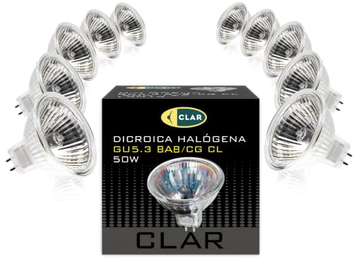 CLAR - Halogen 12V 50W, 12V 50W Halogen, Halogen Leuchtmittel, 12V 50W, 12V 50W Halogen Glühbirne, Halogenlampen, Halogen Spot 12V 50W, Steckbirnen 12V 50W, MR16, GU5.3 Halogen, GU5.3 (Pack 10) von CLAR