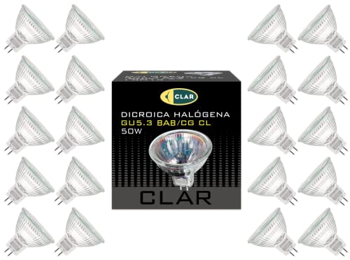 CLAR - Halogen 12V 50W, 12V 50W Halogen, Halogen Leuchtmittel, 12V 50W, 12V 50W Halogen Glühbirne, Halogenlampen, Halogen Spot 12V 50W, Steckbirnen 12V 50W, MR16, GU5.3 Halogen, GU5.3 (Pack 20) von CLAR
