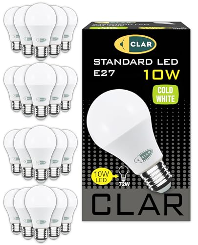CLAR - LED E27 Kaltweiß, LED Glühbirne E27, LED Birne E27, Glühbirne E27, Leuchtmittel E27, LED Glühbirne, Glühbirne LED, LED E27 100W-80W, 10W 6500ºK (Pack 20) von CLAR