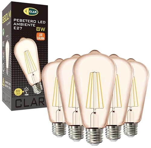 CLAR - E27 Glühbirne, Vintage Glühbirne E27, Glühbirne E27 Vintage, E27 LED Vintage, E27 LED Warmweiss Vintage, Edison vintage glühbirne e27 8W 2500ºK (Pack 5) von CLAR