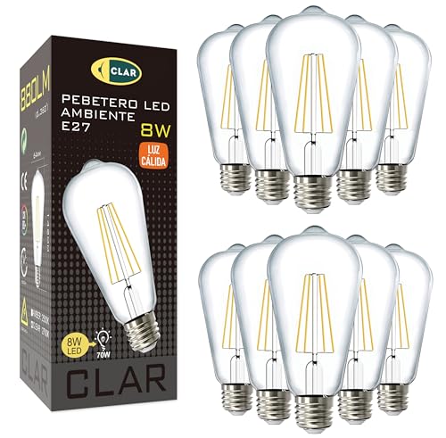 CLAR - E27 Glühbirne, Vintage Glühbirne E27, Glühbirne E27 Vintage, E27 LED Vintage, E27 LED Warmweiss Vintage, Edison vintage glühbirne e27 8W 2700ºK (Pack 10) von CLAR