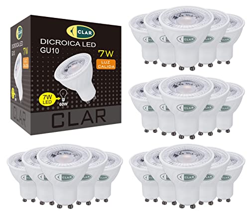CLAR- LED GU10 LED Warmweiß, 7W GU10 LED, Leuchtmittel GU10, GU 10 LED, LED Lampe GU10, LED Leuchtmittel GU10 Warmes Weiß 3000ºk (Pack 20) von CLAR