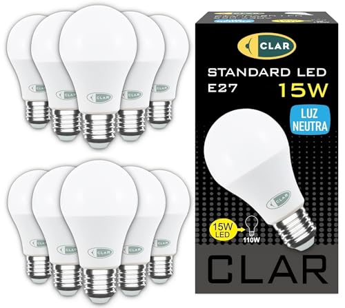 CLAR - LED Glühbirne E27, E27 LED, LED Birne E27, LED E27, LED Glühbirne, Glühbirne LED, Glühbirne E27, Leuchtmittel E27, LED Leuchtmittel E27 100W-120W, 15W 4000ºK (Pack 10) von CLAR