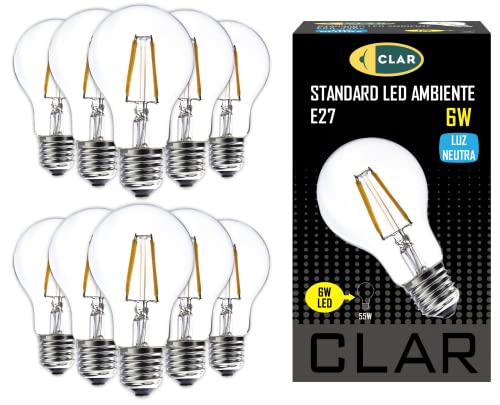 CLAR - E27 LED Vintage, E27 LED, LED Birne E27, LED E27, LED Glühbirne, Glühbirne LED, Glühbirne E27, Leuchtmittel E27, LED Leuchtmittel E27 60W-40W, 6W 4000ºK (Pack 10) von CLAR