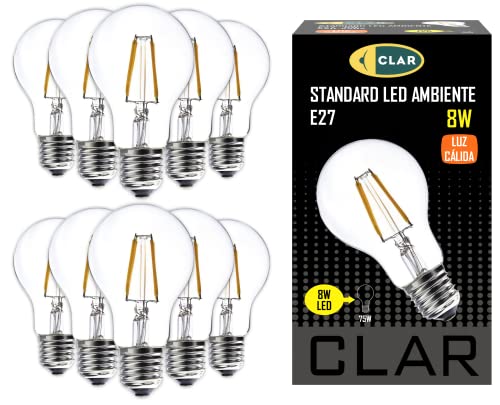 CLAR - E27 LED Vintage, E27 LED Warmweiss, LED Glühbirne E27, LED E27 Warmweiss, LED Birne E27, Leuchtmittel E27, LED Glühbirne, LED E27 60W-80W, 8W (Pack 10) von CLAR