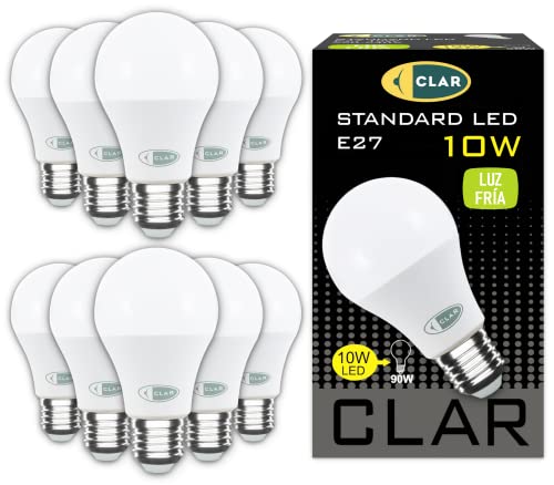 CLAR - LED E27 Kaltweiß, LED Glühbirne E27, LED Birne E27, Glühbirne E27, Leuchtmittel E27, LED Glühbirne, Glühbirne LED, LED E27 100W-80W, 10W 6500ºK (Pack 10) von CLAR