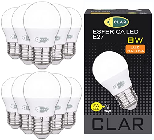 CLAR - LED Leuchtmittel E27, E27 Hue, Glühbirnen 60-70 W, Kugellampe E27, Lumen W Tabelle LED, Lühlampe, E27 LED Warmweiss 3000ºK, E27 Mit Leuchtmittel, 8W Sfera Warmweiß (Pack 10) von CLAR