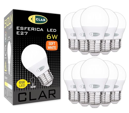 CLAR - LED Leuchtmittel E27 6W, E27 Hue, Glühbirnen 40-50 W, Kugellampe E27, Lumen W Tabelle LED, Lühlampe,E27 LED Warmweiss 3000ºK, E27 Mit Leuchtmittel, 6W Sfera Warmweiß (Pack 10) von CLAR