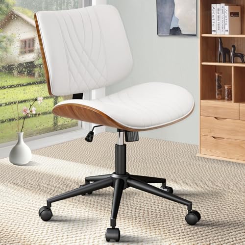 CLATINA Armlose Bürostuhl Schreibtischstuhl mit Rollen höhenverstellbarer Leder schwenkbarer Computerstuhl mit Mittelhochlehne moderner Nussbaum Stil für Homeoffice Arbeitszimmer Konferenzraum Weiß von CLATINA