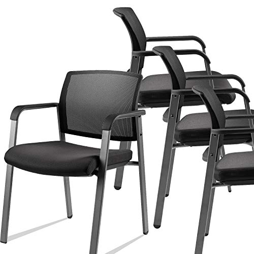 CLATINA Besucherstühle Stapelbare Bürostühle mit Netzrücken Stoffbezug Ergonomische Konferenzstühle mit Lendenstütze Tagungsraum Extra Dickes Polster gepolsterte Armlehnen 4er Set in Schwarz von CLATINA
