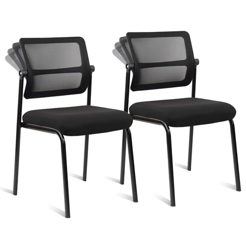 CLATINA Besucherstuhl Wartezimmerstuhl aus Kunstleder Stapelbarer Konferenzstuhl ohne Armlehnen Verstellbare Rückenlehne Mesh Rücken Ergonomische Lendenunterstützung für Büro Schwarz 2er Set von CLATINA