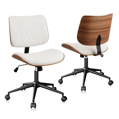 CLATINA Bürostuhl Schreibtischstuhl mit Rollen höhenverstellbarer Leder schwenkbarer Computerstuhl mit Mittelhochlehne moderner Nussbaum Stil für Homeoffice Arbeitszimmer Konferenzraum Weiß 2er Set von CLATINA