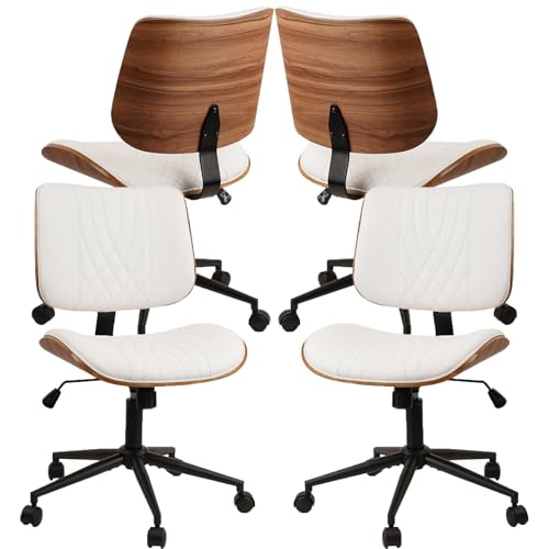 CLATINA Bürostuhl Schreibtischstuhl mit Rollen höhenverstellbarer Leder schwenkbarer Computerstuhl mit Mittelhochlehne moderner Nussbaum Stil für Homeoffice Arbeitszimmer Konferenzraum Weiß 4er Set von CLATINA
