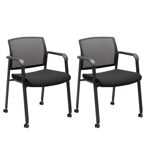 CLATINA Gästearmstühle mit Netzrücken Wartezimmerstühle mit Rollen gepolstertem Stoffsitz ergonomischer Lendenstütze für Büro Empfang Schwarz 2er Set von CLATINA