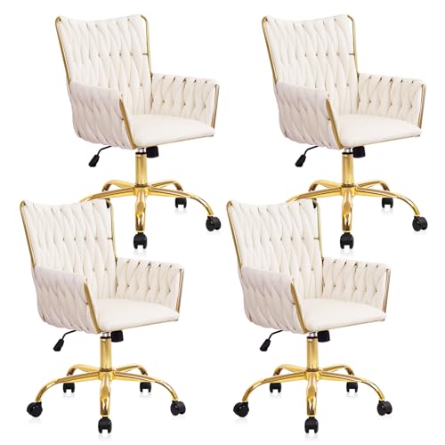 CLATINA Moderner Samt-Dressingstuhl süßer Damen Armstuhl mit Goldbasis Rollen Robuster Hochlehnen-ergonomischer Drehstuhl für Homeoffice Schlafzimmer Dressing Wohnzimmer Weiß 4er Set CLATINA Moderner Samt-Dressingstuhl süßer Damen Armstuhl mit Goldbasis Rollen Robuster Hochlehnen-ergonomischer Drehstuhl für Homeoffice Schlafzimmer Dressing Wohnzimmer Weiß 4er Set von CLATINA