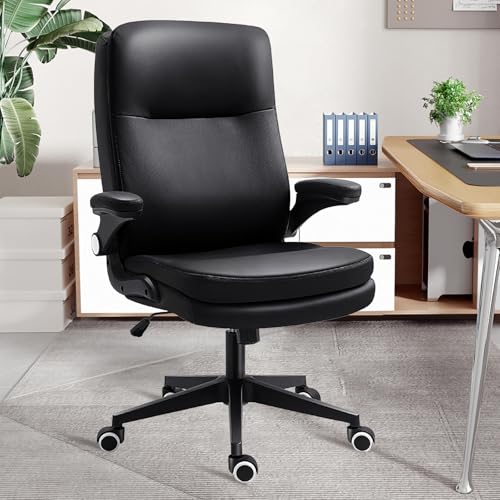 CLATINA Schreibtischstuhl Ergonomischer Bürostuhl mit hochklappbaren Armlehnen 160kg Schwarzer Leder Chefsessel Höhenverstellbarer Drehstuhl mit Wippfunktion Rollen Computertischstuhl für Homeoffice von CLATINA
