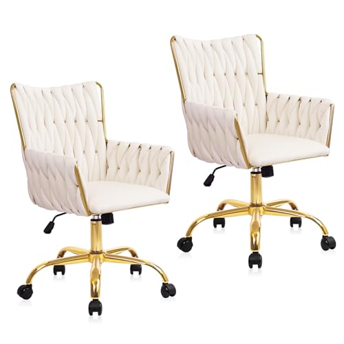 CLATINA Velvet Drehstuhl mit hoher Rückenlehne Luxus Schminkstuhl mit Goldgestell Rollen Ergonomischer Bürostuhl für Mädchen Höhenverstellbarer Homeoffice Stuhl für Schlafzimmer Wohnzimmer Weiß von CLATINA