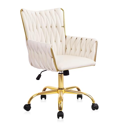CLATINA Velvet Drehstuhl mit hoher Rückenlehne Luxus Schminkstuhl mit Goldgestell Rollen Ergonomischer Bürostuhl für Mädchen Höhenverstellbarer Homeoffice Stuhl für Schlafzimmer Wohnzimmer Weiß von CLATINA
