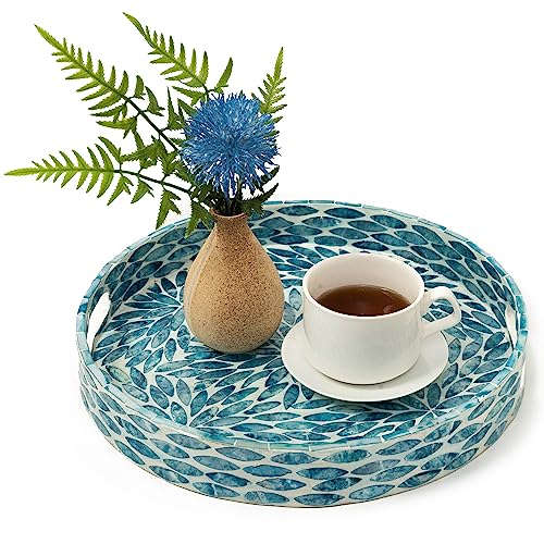 CLAYNIX Serviertablett 32,5 cm, lackiertes Perlmutt-Inlay-Mosaik-Tablett, rundes Holz-Marmor-Tablett mit Griffen, Tabletts für Tee, Frühstück (Blumenstil) von CLAYNIX