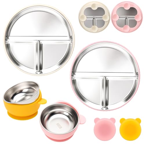 CLDY 2 Stück Edelstahl Babyteller mit Saugnapf + 2 Stück Breischale Baby schüssel, kinder geschirr set, Geteilte Standfeste Esslernteller Geteilte Teller - BPA-Frei - Auslaufsicher, spülmaschinenfest von CLDY