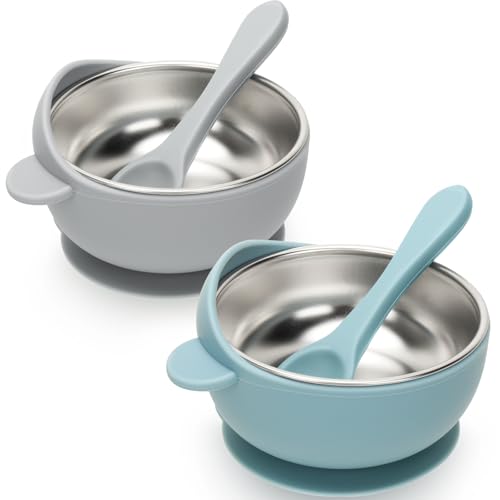 CLDY 4 Stück baby geschirrset, Baby schüssel mit Saugnapf - Schüsseln für Kleinkinder - Kinderschüssel - BPA Frei Kinder Schale (2 Löffel + 2 Edelstahlschüsseln, Blau+Grün) von CLDY