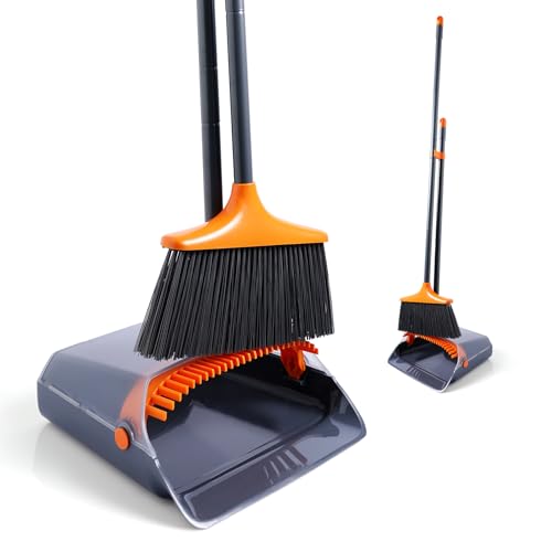 CLEANHOME Besen und Kehrschaufel Set mit langem Stiel, Vier Lagen dichter Borsten, Kehrschaufel verstaubar – mit Kammzinken, geeignet zum Reinigen von Staub, Müll und Haaren im Innenbereich von CLEANHOME