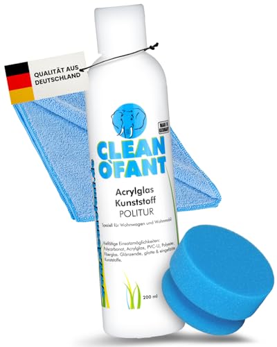 CLEANOFANT Acrylglas-Kunststoff-POLITUR Set - mit 200 ml Politur, 1 x Poliermaus BLAU-medium, 1 x Mikrofaser-Poliertuch - für Wohnwagen-, Wohnmobil-, Caravan-Fenster, Lichtkuppeln CLEANOFANT Acrylglas-Kunststoff-POLITUR Set - mit 200 ml Politur, 1 x Poliermaus BLAU-medium, 1 x Mikrofaser-Poliertuch - für Wohnwagen-, Wohnmobil-, Caravan-Fenster, Lichtkuppeln von CLEANOFANT