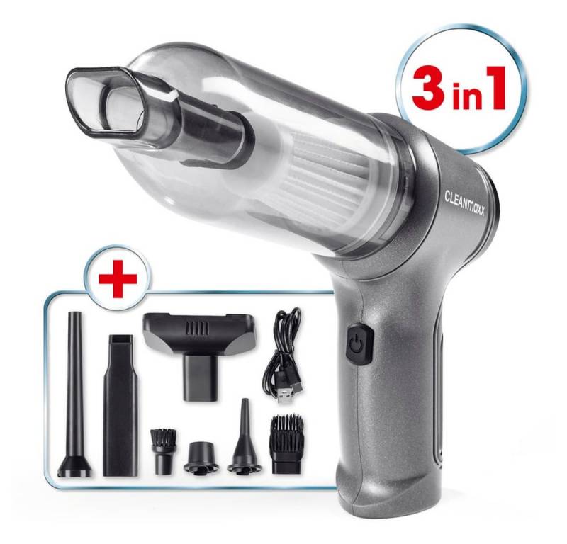 CLEANmaxx Akku-Handstaubsauger Saug-, Gebläse- & Vakuumierfunktion, 50 W, beutellos, 3-in-1 Funktion Handstaubsauger Kabellos Mini Staubsauger 7 Aufsätze von CLEANmaxx