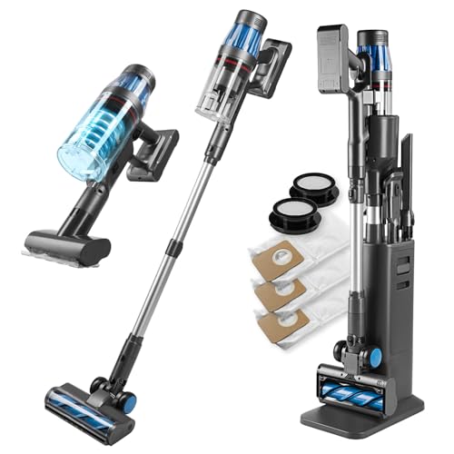 CLEANmaxx Akku Staubsauger mit Absaugstation | Handstaubsauger smart & kabellos | automatische Staubentleerung 3,5 l Beutel | 34 kPa | 60 Min Laufzeit | Milbenaufsatz & HEPA-Filter von CLEANmaxx