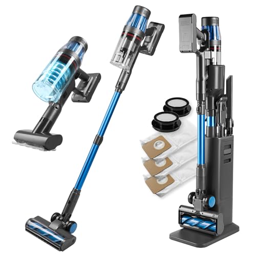 CLEANmaxx Akku Staubsauger mit Absaugstation | Handstaubsauger smart & kabellos | automatische Staubentleerung 3,5 l Beutel | 34 kPa | 60 Min Laufzeit | Milbenaufsatz & HEPA-Filter von CLEANmaxx