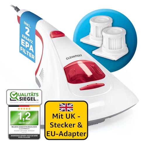 CLEANmaxx Milbensauger mit UK Stecker & Reiseadapter | Allergenbekämpfung & Sterilisation durch UV-C-Licht & Feinstaubfilter | Chemiefrei & sicher für Bett, Matratze etc. | Waschbarer Feinstaubfilter von CLEANmaxx