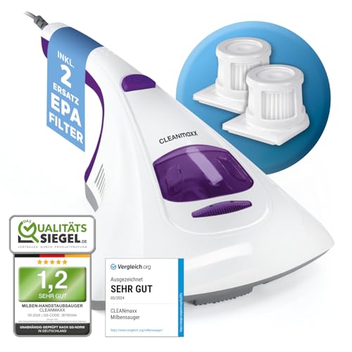 CLEANmaxx Milbensauger mit UV-C-Licht & 2 EPA-Filter, Matratzen Handstaubsauger für Allergiker, Anti Milben Matratzenreiniger vernichtet 99,9% Aller Milben, Bakterien, Bettwanzen, Lila von CLEANmaxx