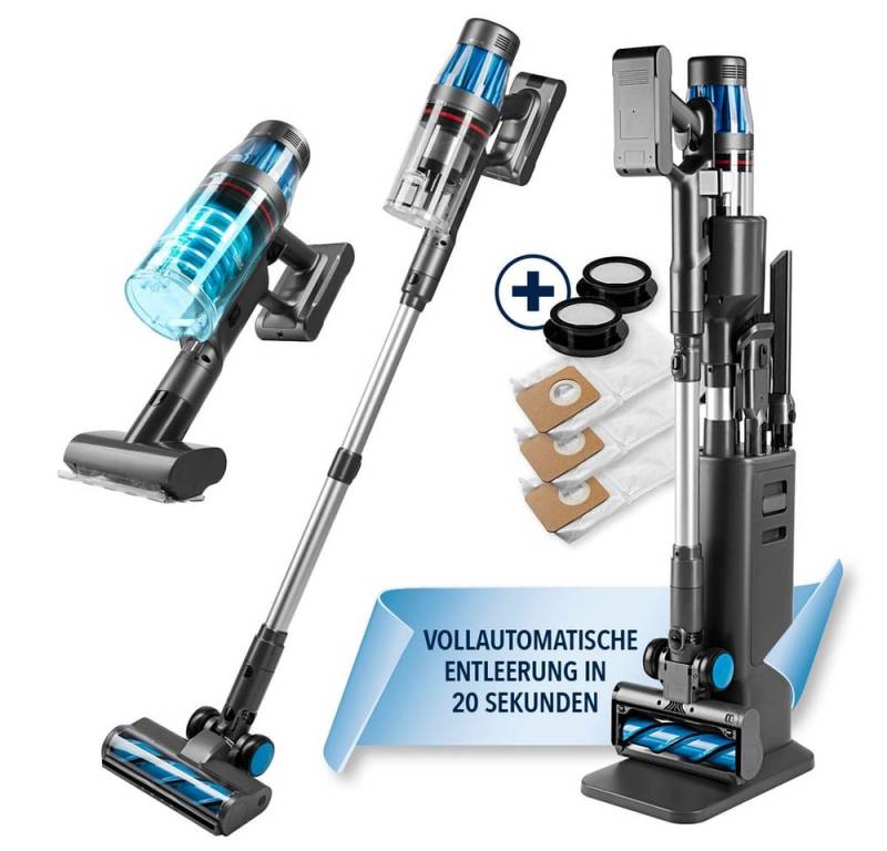 CLEANmaxx Zyklon Hybrid Staubsauger Akku-Zyklon-Staubsauger Deluxe 29,6V, 500 W, beutellos, mit Absaugstation grau/orange von CLEANmaxx