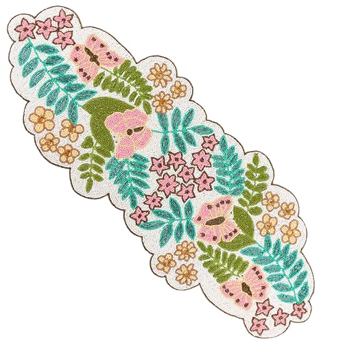 Handgefertigter Tischläufer mit Perlen, Frühlingsblumen, Schmetterlingen, rosa Blumen und grünen Blättern, Pastell-Tischdekoration für Ostern, Esszimmer, Eingangsbereich oder Gartenparty (mehrfarbig von CLEENTABLE