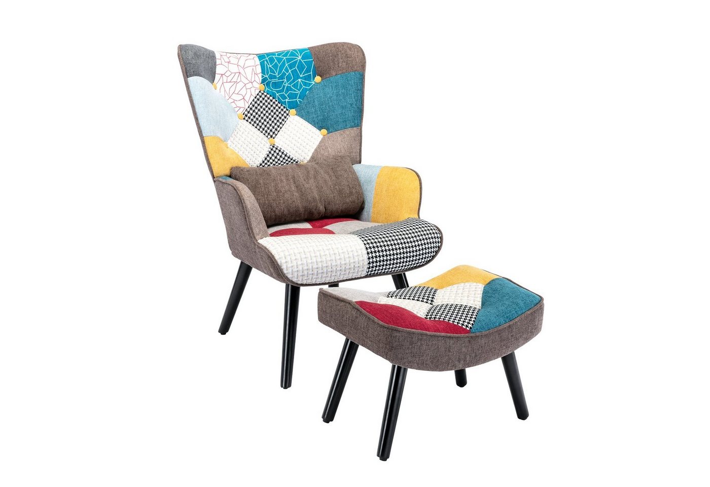 CLEESINk Ohrensessel Relaxsessel mit Hocker Patchwork Sessel Wohnzimmer Ohrensessel Holz von CLEESINk