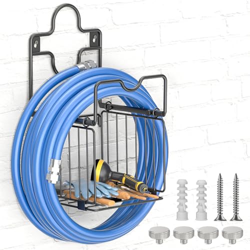 CLESOO Schlauchhalter Wand - Gartenschlauch Halterung mit Aufbewahrungskorb - Schlauchhalter Metall - Robuster Wasserschlauchhalter Wandschlauchhalter Aufhängung für Garten Hof Garage Rasen von CLESOO