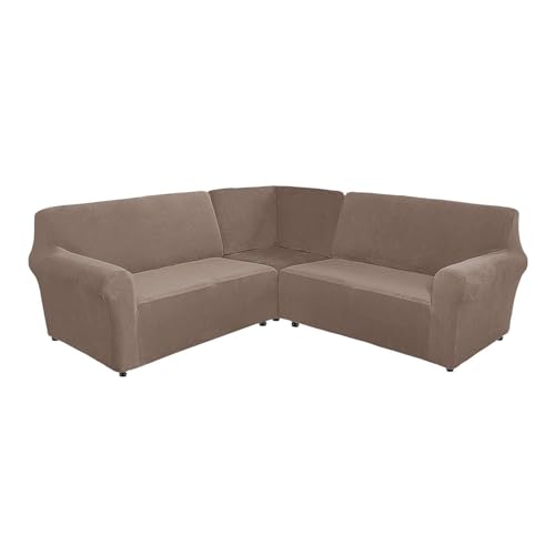 CLGTY 3 Stücke Sofabezug Ecksofa, Samt Bezug Für Ecksofas L-Form Weich Sofahusse Für Wohnzimmer-Taupe-5 Sitzer von CLGTY