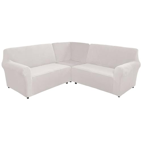 CLGTY 3 Stücke Sofabezug Ecksofa, Samt Bezug Für Ecksofas L-Form Weich Sofahusse Für Wohnzimmer-Weiß-7 Sitzer von CLGTY