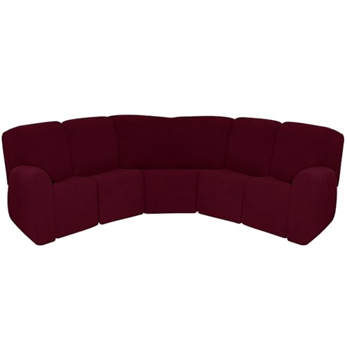 CLGTY 7 Pcs L Form Sesselschoner Für Relaxsessel, Weich Spandex Sofabezug L Form Mit Seitentaschen Sofahusse Waschbar Für Wohnzimmer Katze Hund-Weinrot-5 Sitzer von CLGTY
