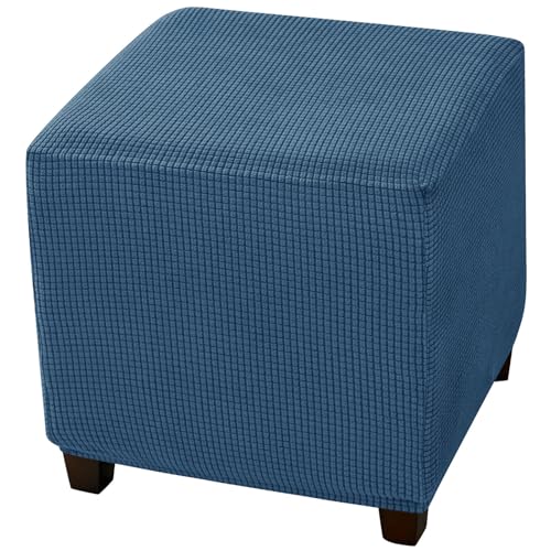 CLGTY Ottomane Bezug Quadratisch, Stretch Quadratisch Ottomane Schonbezug Hockerbezug Spandex Hocker Protector Waschbar Hocker Husse Für Fußhocker Mit Elastischem Boden-Dunkelblau-Small von CLGTY