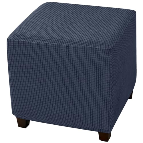 CLGTY Ottomane Bezug Quadratisch, Stretch Quadratisch Ottomane Schonbezug Hockerbezug Spandex Hocker Protector Waschbar Hocker Husse Für Fußhocker Mit Elastischem Boden-Navy blau-Small von CLGTY