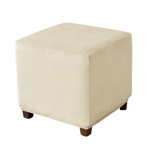 CLGTY Samt Hockerbezug Quadratisch, Stretch Antirutsch Ottomane Sitzhocker Bezug, Abnehmbar Wohnkultur Hockerbezug Mit Elastisch Unterseite-Beige-45×45CM von CLGTY