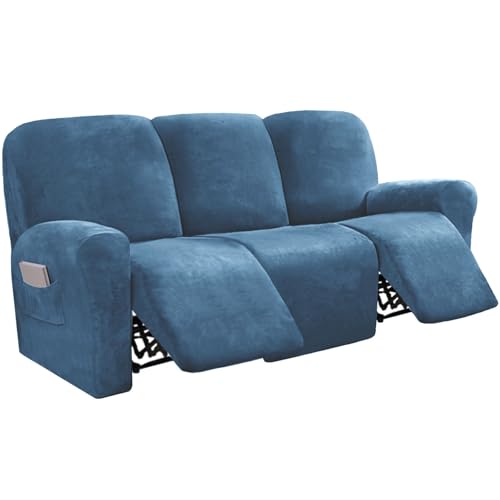 CLGTY Samt Ruhesessel Bezüge, 10 Stück rutschfest Relaxsessel Bezug Stretch Sofabezug Sesselbezug Mit Seitentaschen Waschbar Für Wohnzimmer Katze-blau-4 Sitzer von CLGTY