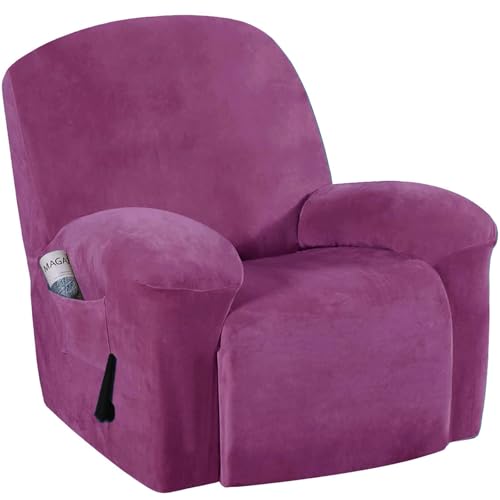 CLGTY Samt Ruhesessel Bezüge, 4 Stück rutschfest Relaxsessel Bezug Stretch Sofabezug Sesselbezug Mit Seitentaschen Waschbar Für Wohnzimmer Katze-Violett-1 Sitzer von CLGTY