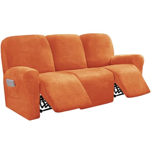 CLGTY Samt Ruhesessel Bezüge, 8 Stück rutschfest Relaxsessel Bezug Stretch Sofabezug Sesselbezug Mit Seitentaschen Waschbar Für Wohnzimmer Katze-Orange-3 Sitzer von CLGTY