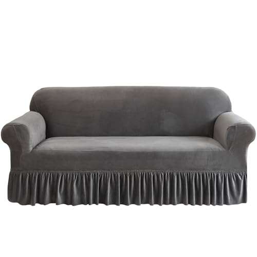 CLGTY Samt Sofabezug 1/2/3/4/5 Sitzer, Weich Stretch Sofa Überwürfe Mit Rock Couch überzug rutschfest Sofahusse Mit 1 Kissenbezug Für Wohnzimmer Katze Hund-hellgrau-4 Sitzer 225-290cm (88-114in) von CLGTY