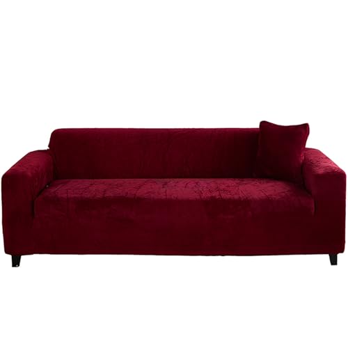 CLGTY Sofa überzug 1/2/3/4 Sitzer,Stretch Sofabezug Weich Samt Couch überzug rutschfest Waschbar Sofahusse Für Wohnzimmer Katze Hund-Weinrot-4 Sitzer von CLGTY