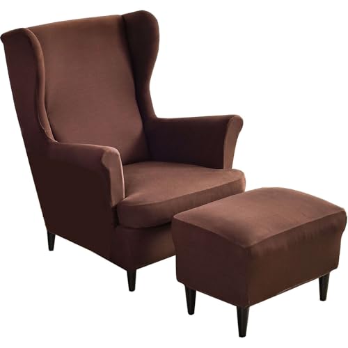 CLGTY Spandex 2 Teilig Ohrensessel Überzug Mit Hockerbezug, Ohrensesselbezüge Mit Ottomane Schonbezug Stretch Ohrensessel Schonbezuge Waschbar Für Wohnzimmer-Kaffee-3 Stück von CLGTY