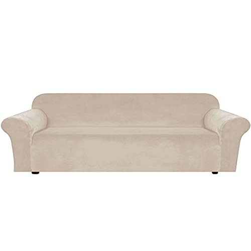 CLGTY Stretch Samt Sofabezug Für 1 2 3 4 Sitzer, 1 Stück Sofa Überwürfe Mit Elastisch Unterseite, Antirutsch Möbelschutz Für Kind Pet Katze Hund-Ivory-4 Seater von CLGTY